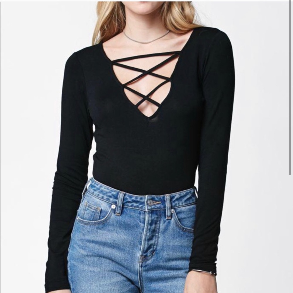 Criss Cross Plunging V-neck Long Sleeve Top Shirt